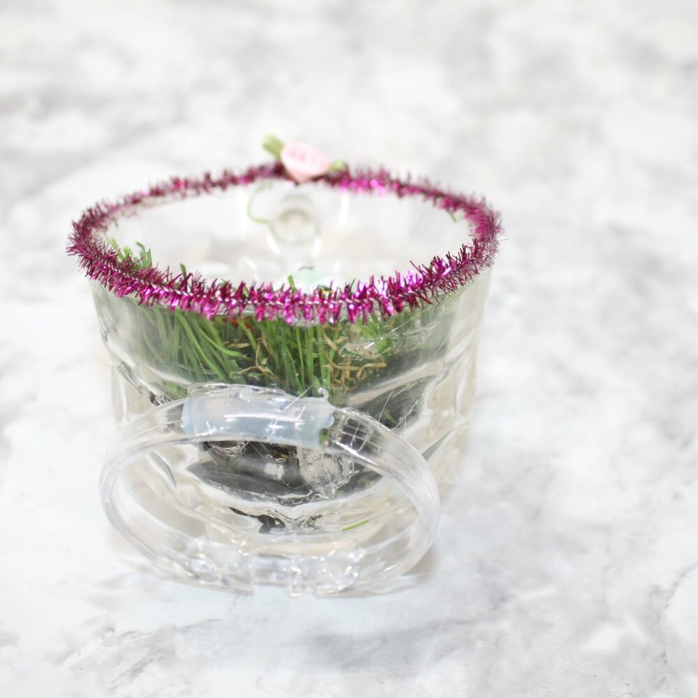 HAND CRAFTED Cat Gray Spring Decor Ornament Upcycled Cup Grass Animal Pet Floral - Picture 5 of 14